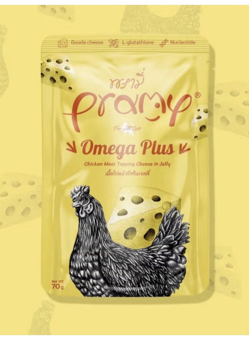 Pramy Damp food for cats with chicken and cheese flavor for all ages – 6 packs x 70g – enhanced with omega 3, 6 and 9 for skin and fur health – wet protein-rich and nutritious food for cats. - Image 2